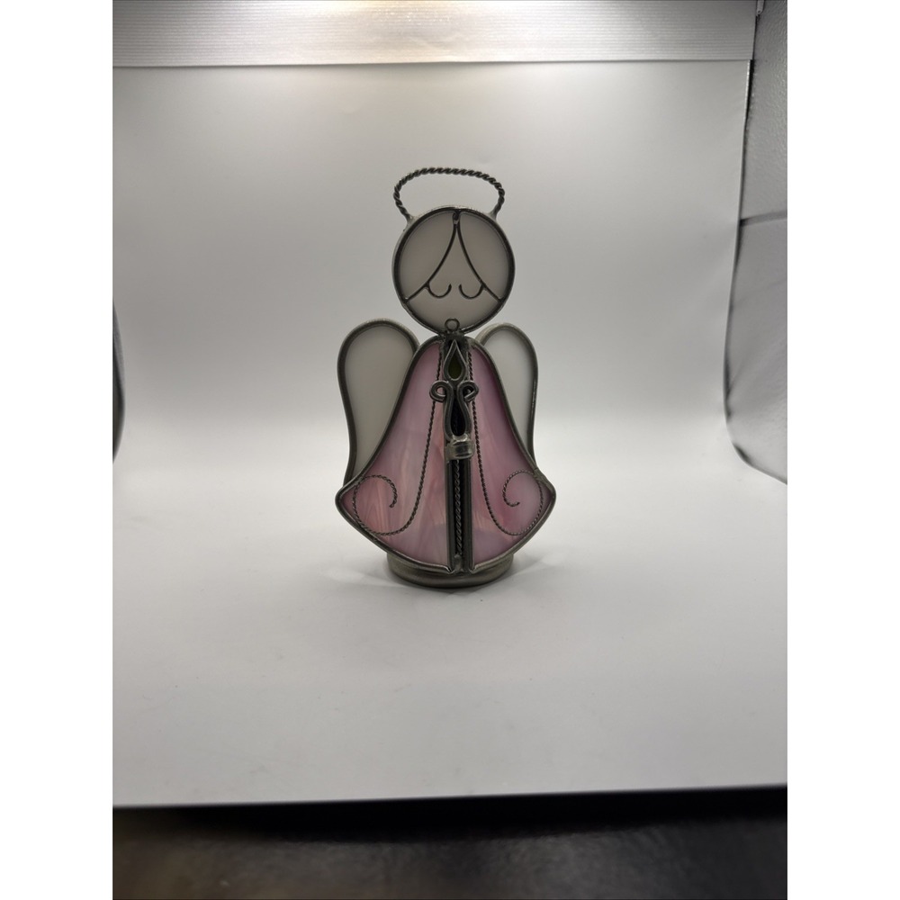Stained Glass Angel Wings Hold Candle Pink Leaded Glass 5.75" Tall Home Decor